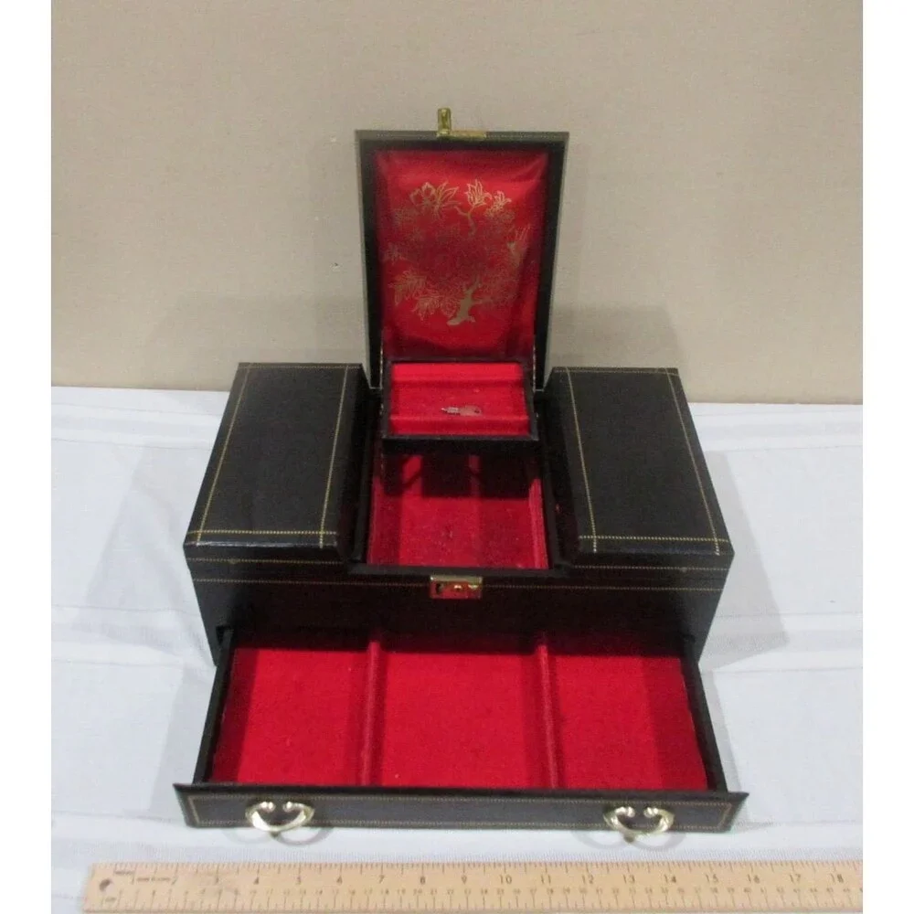 Vtg, Black Faux Leather Mell MCM Jewelry Box Red Velvet 25+Piece Tiered with KEY